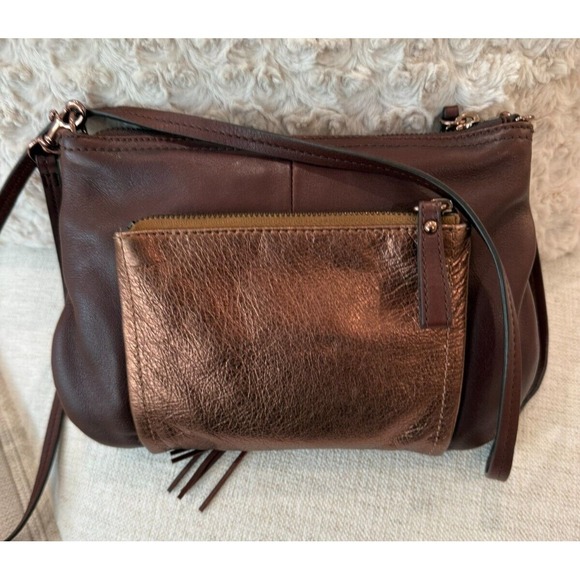 B Makowski Metallic Bronze Brown Pebbled Leather Tassel Crossbody Purse - Picture 2 of 13